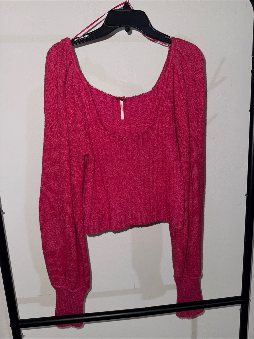 Free People Hot Pink Cropped Knit Sweatshirt